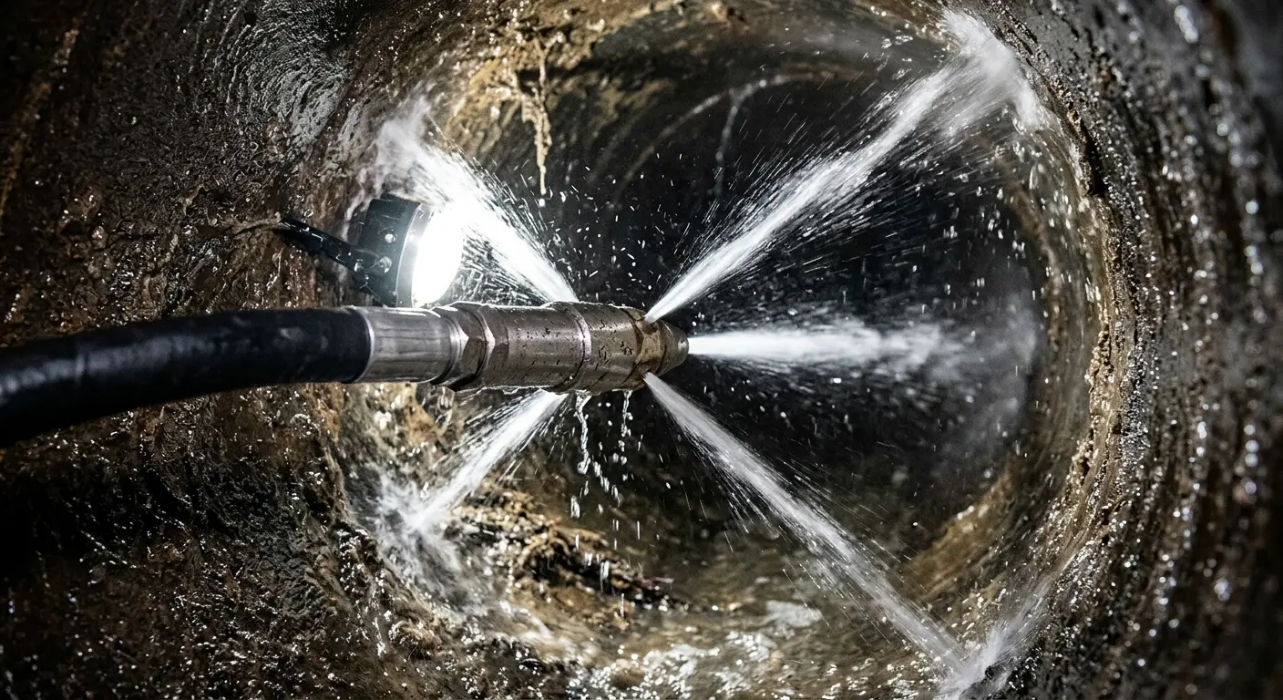High-pressure hydro jetting nozzle cleaning sewer pipe for Emergency Drain Service in Lake Butler