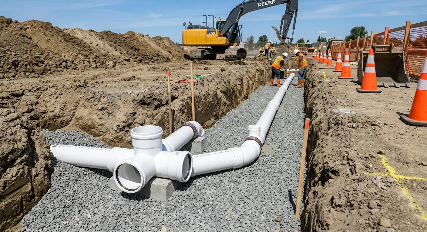 New PVC sewer pipe installation in open trench for Commercial Drain Cleaning in Lake Butler