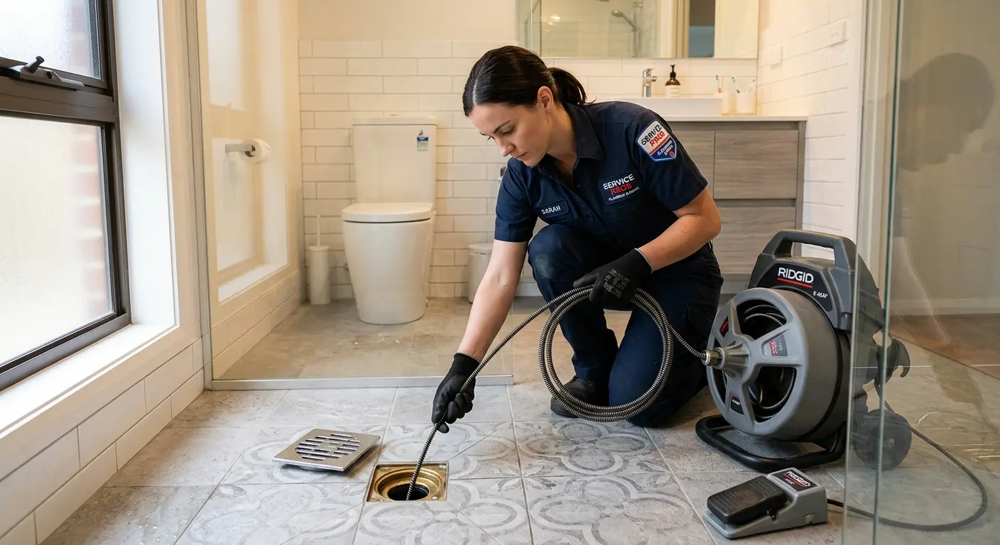 Technician clearing a bathroom floor drain for Sewer Line Installation in Lake Butler
